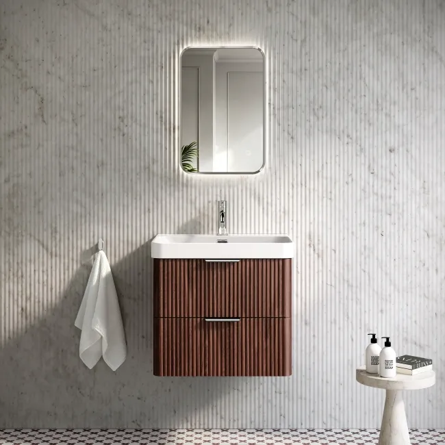 Cadiz Fluted Apex Walnut Wall Hung Basin Drawer Vanity 600mm - Chrome Handles