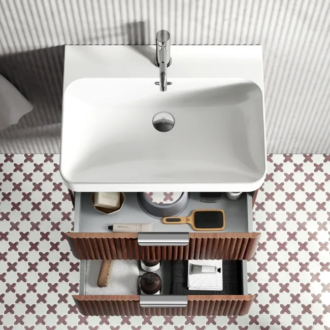 Cadiz Fluted Apex Walnut Wall Hung Basin Drawer Vanity 600mm - Chrome Handles