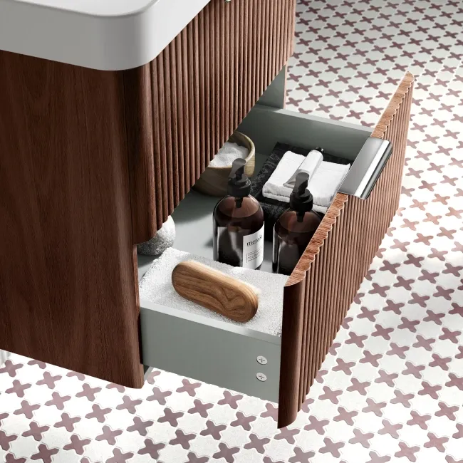 Cadiz Fluted Apex Walnut Wall Hung Basin Drawer Vanity 600mm - Chrome Handles