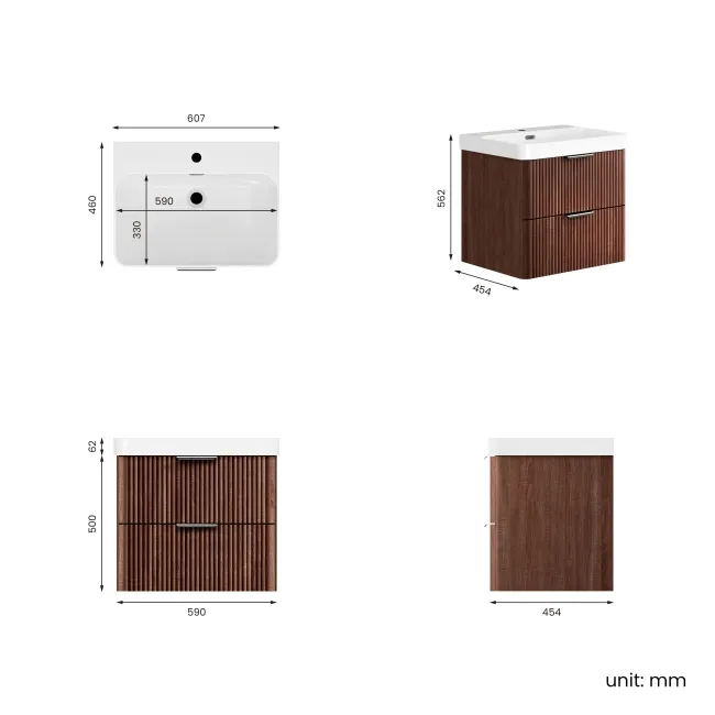 Cadiz Fluted Apex Walnut Wall Hung Basin Drawer Vanity 600mm - Chrome Handles