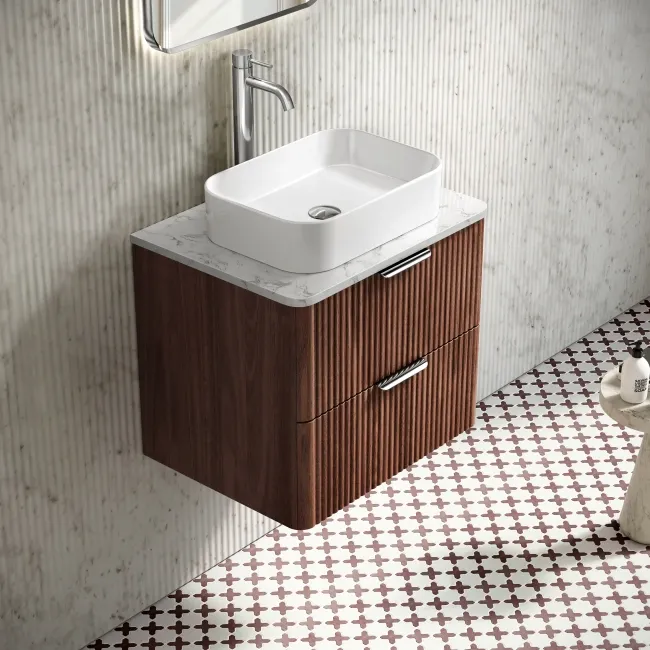 Cadiz Fluted Apex Walnut Wall Hung Drawer Vanity with Marble Top 600mm (Excludes Basin) - Chrome Handles