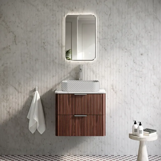 Cadiz Fluted Apex Walnut Wall Hung Drawer Vanity with Marble Top 600mm (Excludes Basin) - Chrome Handles