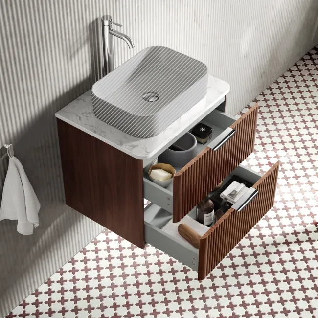 Cadiz Fluted Apex Walnut Wall Hung Drawer Vanity with Marble Top 600mm (Excludes Basin) - Chrome Handles
