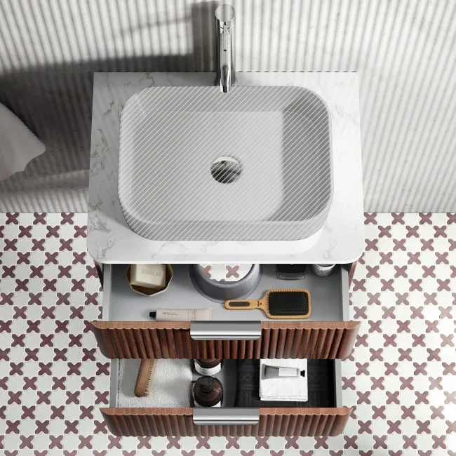 Cadiz Fluted Apex Walnut Wall Hung Drawer Vanity with Marble Top 600mm (Excludes Basin) - Chrome Handles