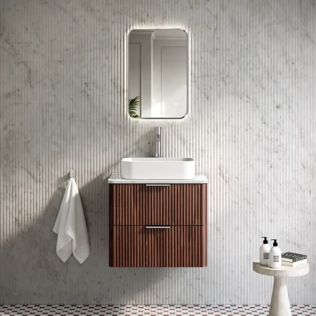 Cadiz Fluted Apex Walnut Wall Hung Drawer Vanity with Marble Top & Marin Basin 600mm - Chrome Handles