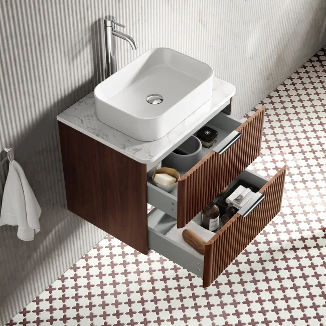 Cadiz Fluted Apex Walnut Wall Hung Drawer Vanity with Marble Top & Marin Basin 600mm - Chrome Handles