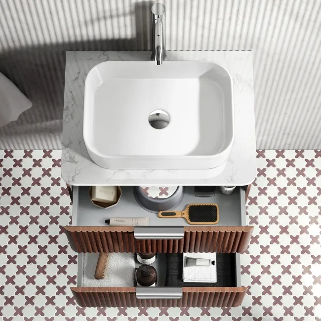 Cadiz Fluted Apex Walnut Wall Hung Drawer Vanity with Marble Top & Marin Basin 600mm - Chrome Handles