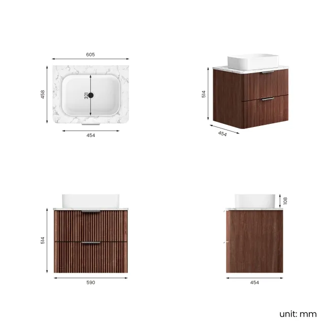 Cadiz Fluted Apex Walnut Wall Hung Drawer Vanity with Marble Top & Marin Basin 600mm - Chrome Handles
