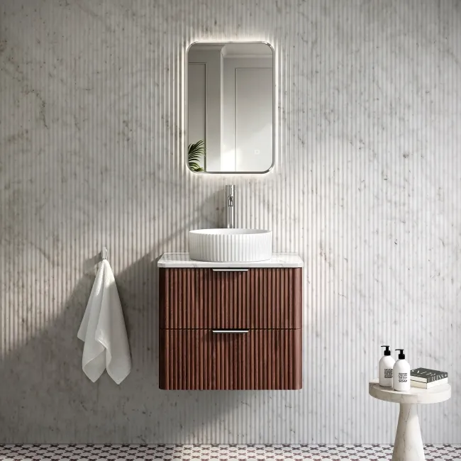 Cadiz Fluted Apex Walnut Wall Hung Drawer Vanity with Marble Top & Nevis Basin 600mm - Chrome Handles