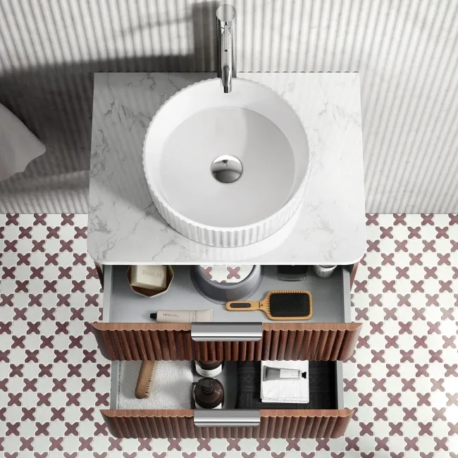 Cadiz Fluted Apex Walnut Wall Hung Drawer Vanity with Marble Top & Nevis Basin 600mm - Chrome Handles