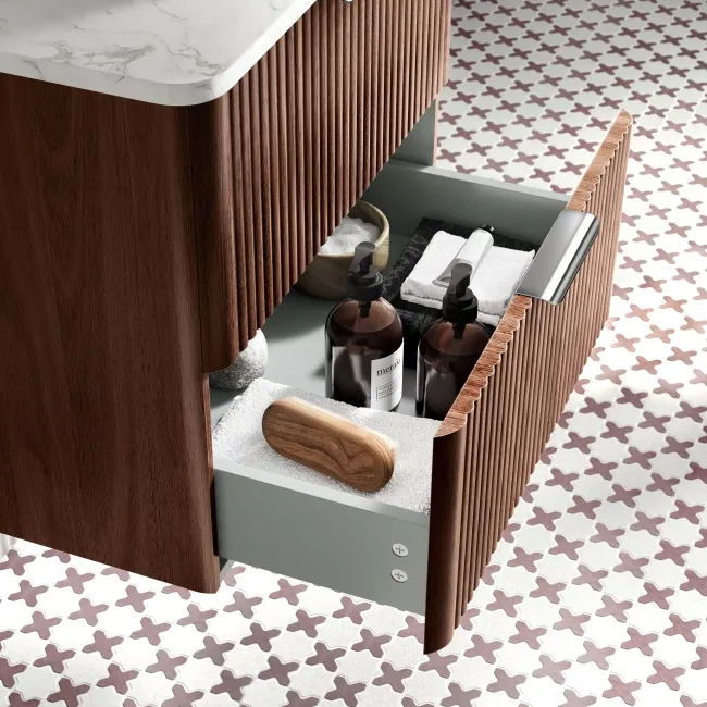 Cadiz Fluted Apex Walnut Wall Hung Drawer Vanity with Marble Top & Nevis Basin 600mm - Chrome Handles