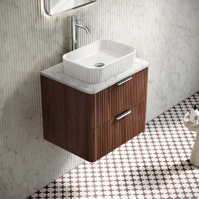 Cadiz Fluted Apex Walnut Wall Hung Drawer Vanity with Marble Top & Reno Basin 600mm - Chrome Handles
