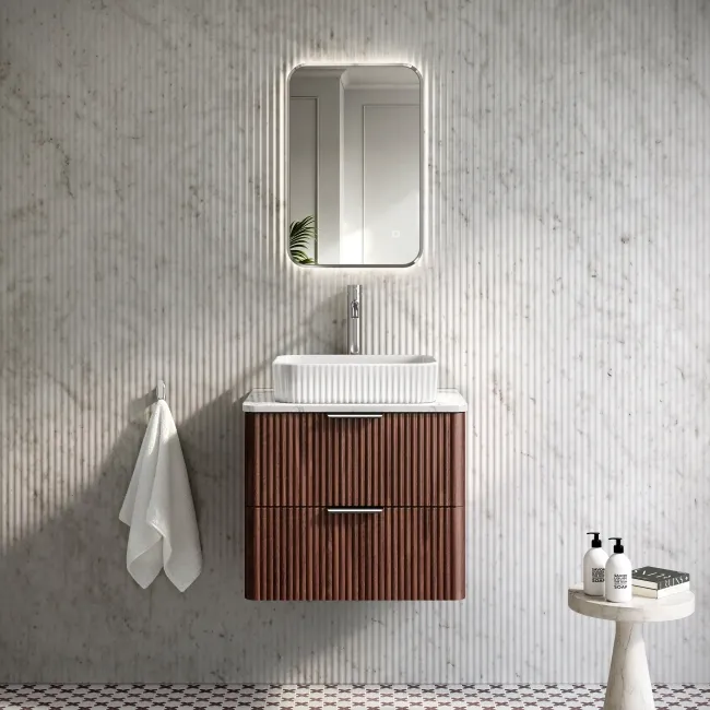 Cadiz Fluted Apex Walnut Wall Hung Drawer Vanity with Marble Top & Reno Basin 600mm - Chrome Handles