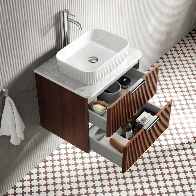 Cadiz Fluted Apex Walnut Wall Hung Drawer Vanity with Marble Top & Reno Basin 600mm - Chrome Handles