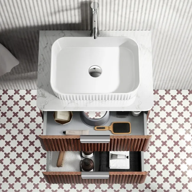 Cadiz Fluted Apex Walnut Wall Hung Drawer Vanity with Marble Top & Reno Basin 600mm - Chrome Handles