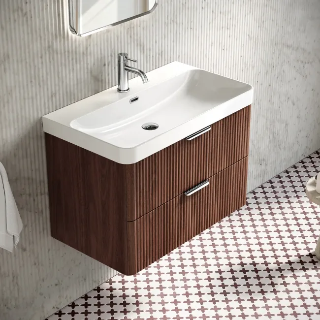 Cadiz Fluted Apex Walnut Wall Hung Basin Drawer Vanity 800mm - Chrome Handles