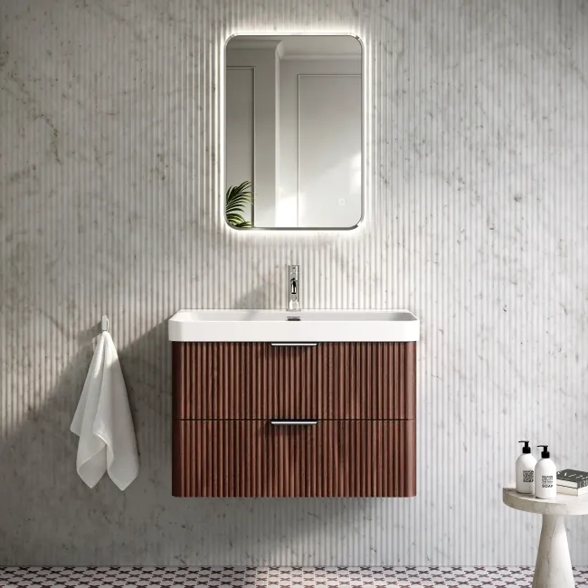 Cadiz Fluted Apex Walnut Wall Hung Basin Drawer Vanity 800mm - Chrome Handles