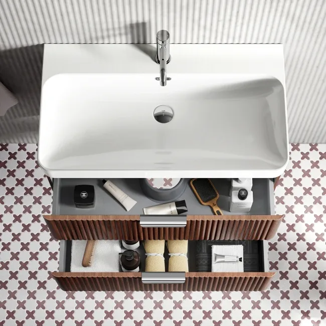 Cadiz Fluted Apex Walnut Wall Hung Basin Drawer Vanity 800mm - Chrome Handles