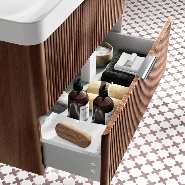 Cadiz Fluted Apex Walnut Wall Hung Basin Drawer Vanity 800mm - Chrome Handles