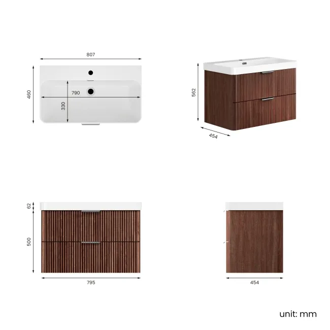 Cadiz Fluted Apex Walnut Wall Hung Basin Drawer Vanity 800mm - Chrome Handles