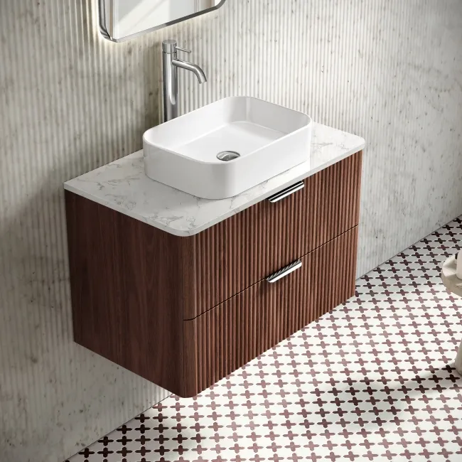 Cadiz Fluted Apex Walnut Wall Hung Drawer Vanity with Marble Top 800mm (Excludes Basin) - Chrome Handles