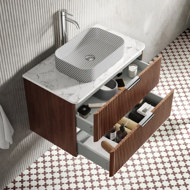 Cadiz Fluted Apex Walnut Wall Hung Drawer Vanity with Marble Top 800mm (Excludes Basin) - Chrome Handles