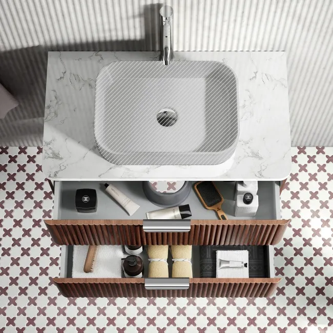 Cadiz Fluted Apex Walnut Wall Hung Drawer Vanity with Marble Top 800mm (Excludes Basin) - Chrome Handles
