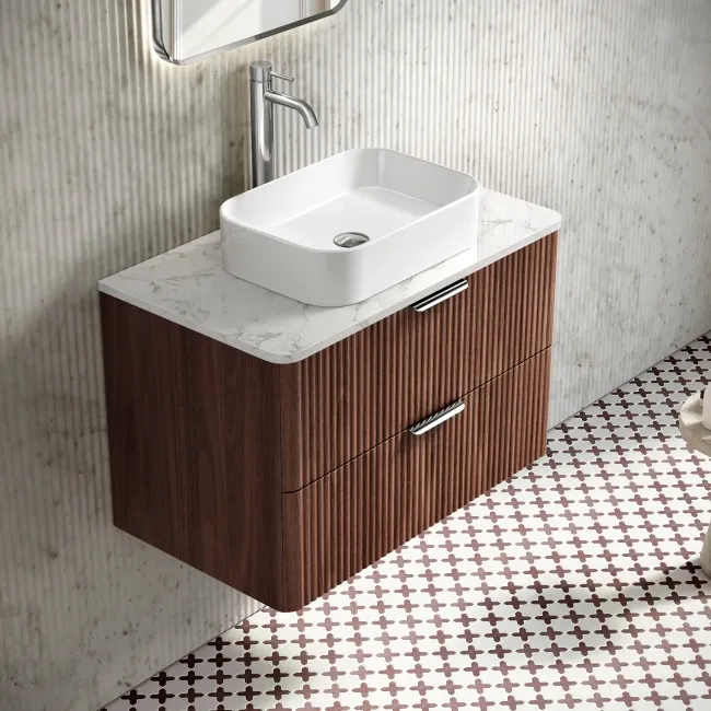 Cadiz Fluted Apex Walnut Wall Hung Drawer Vanity with Marble Top & Marin Basin 800mm - Chrome Handles