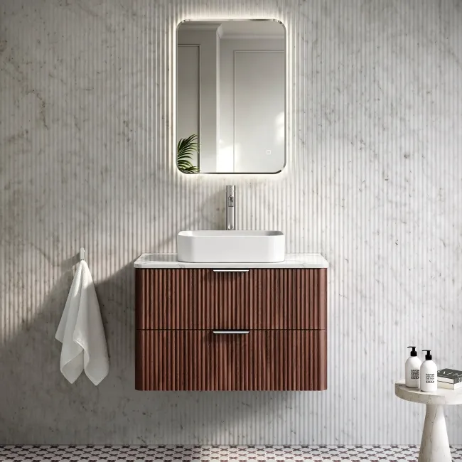 Cadiz Fluted Apex Walnut Wall Hung Drawer Vanity with Marble Top & Marin Basin 800mm - Chrome Handles