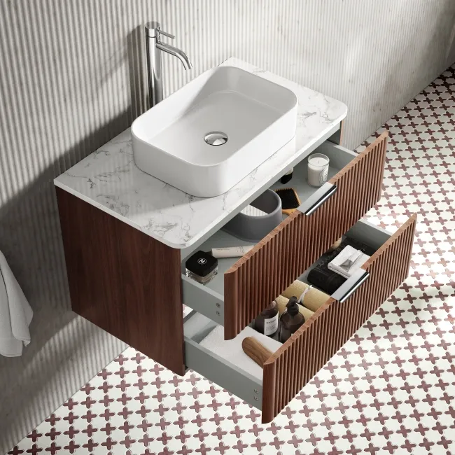 Cadiz Fluted Apex Walnut Wall Hung Drawer Vanity with Marble Top & Marin Basin 800mm - Chrome Handles