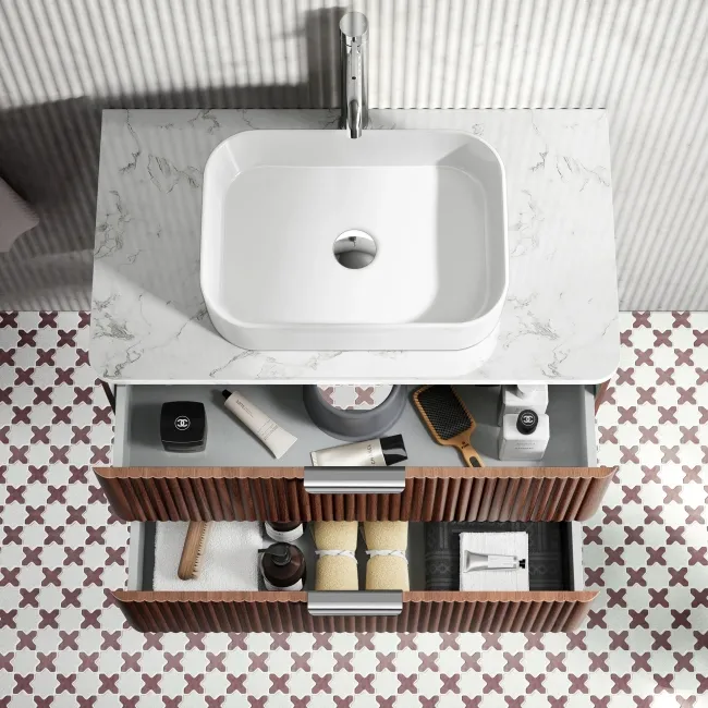 Cadiz Fluted Apex Walnut Wall Hung Drawer Vanity with Marble Top & Marin Basin 800mm - Chrome Handles