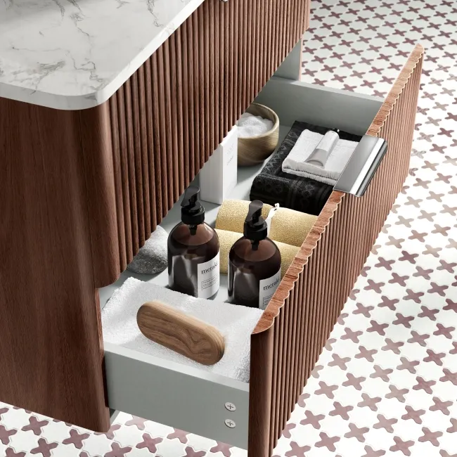 Cadiz Fluted Apex Walnut Wall Hung Drawer Vanity with Marble Top & Marin Basin 800mm - Chrome Handles