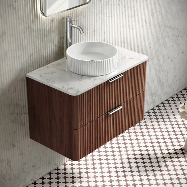 Cadiz Fluted Apex Walnut Wall Hung Drawer Vanity with Marble Top & Nevis Basin 800mm - Chrome Handles