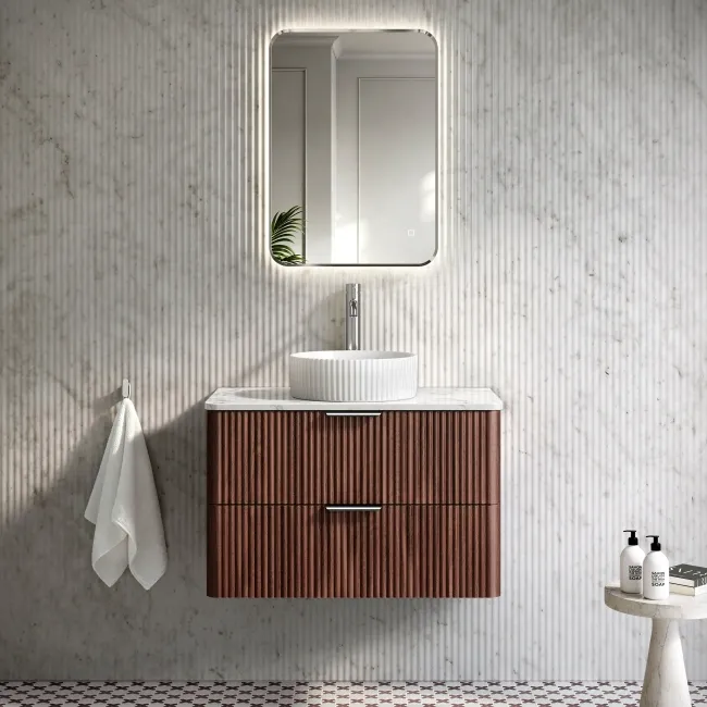 Cadiz Fluted Apex Walnut Wall Hung Drawer Vanity with Marble Top & Nevis Basin 800mm - Chrome Handles