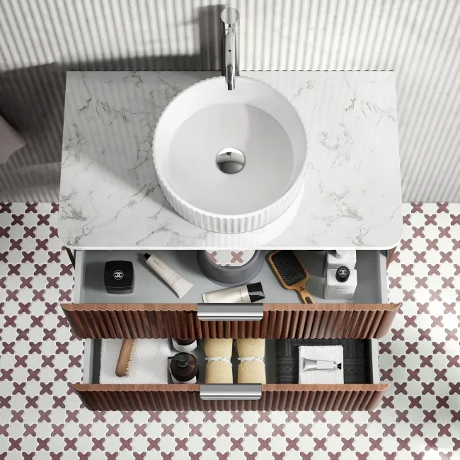 Cadiz Fluted Apex Walnut Wall Hung Drawer Vanity with Marble Top & Nevis Basin 800mm - Chrome Handles