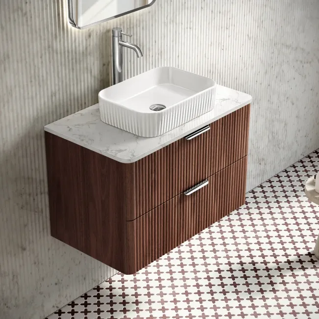 Cadiz Fluted Apex Walnut Wall Hung Drawer Vanity with Marble Top & Reno Basin 800mm - Chrome Handles