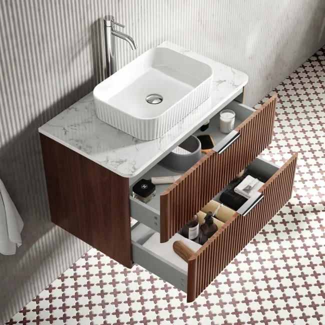 Cadiz Fluted Apex Walnut Wall Hung Drawer Vanity with Marble Top & Reno Basin 800mm - Chrome Handles