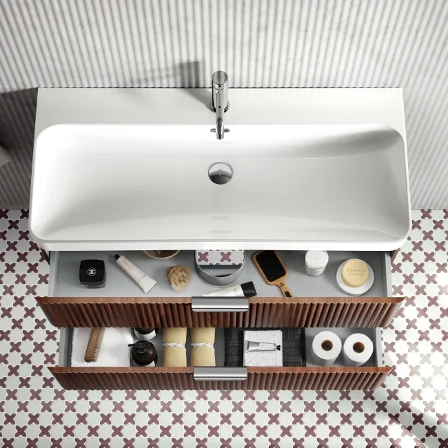 Cadiz Fluted Apex Walnut Wall Hung Basin Drawer Vanity 1000mm - Chrome Handles