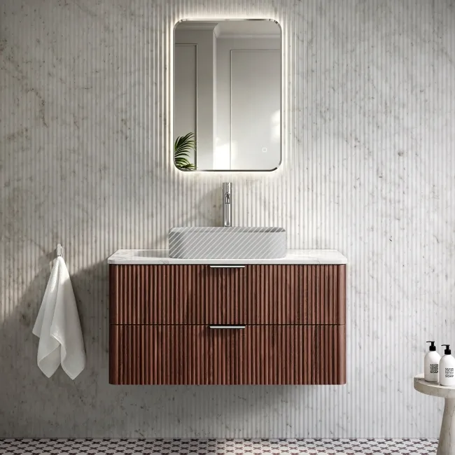 Cadiz Fluted Apex Walnut Wall Hung Drawer Vanity with Marble Top 1000mm (Excludes Basin) - Chrome Handles