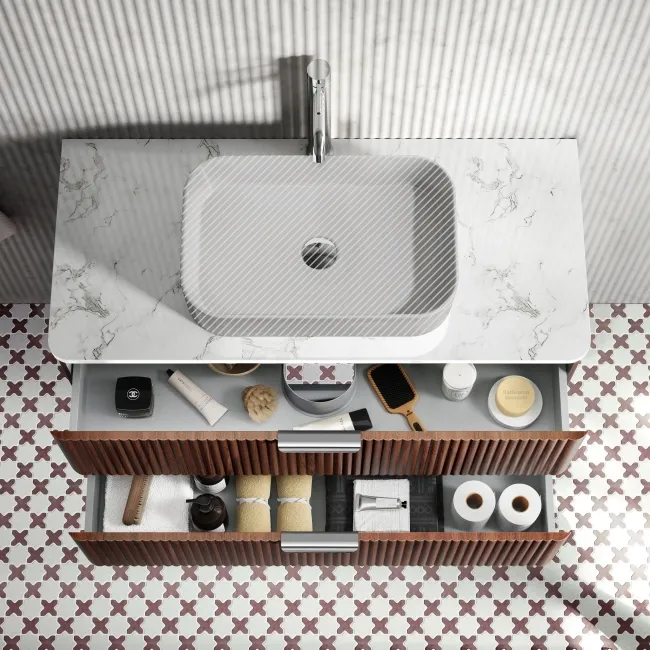 Cadiz Fluted Apex Walnut Wall Hung Drawer Vanity with Marble Top 1000mm (Excludes Basin) - Chrome Handles