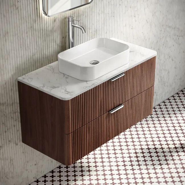 Cadiz Fluted Apex Walnut Wall Hung Drawer Vanity with Marble Top & Marin Basin 1000mm - Chrome Handles