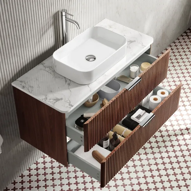 Cadiz Fluted Apex Walnut Wall Hung Drawer Vanity with Marble Top & Marin Basin 1000mm - Chrome Handles