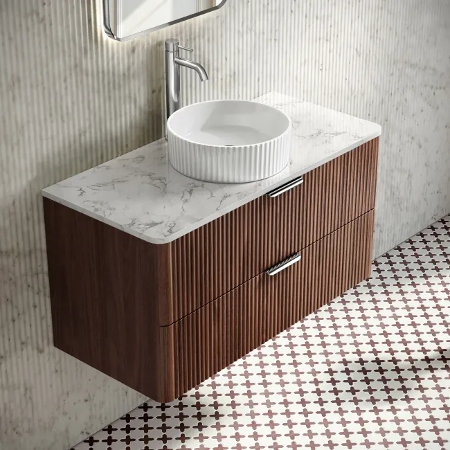 Cadiz Fluted Apex Walnut Wall Hung Drawer Vanity with Marble Top & Nevis Basin 1000mm - Chrome Handles