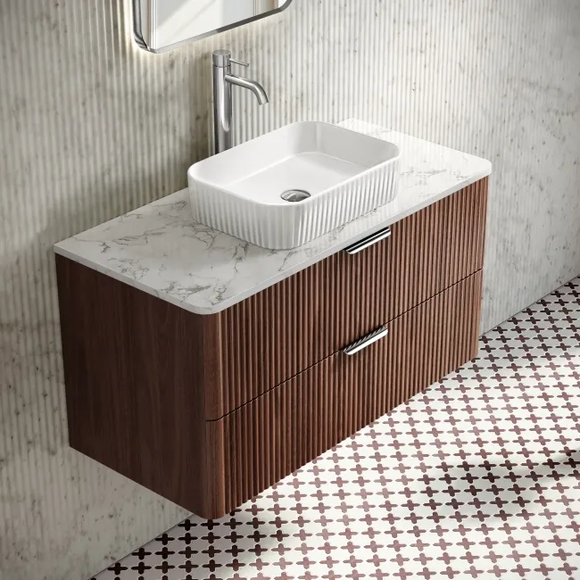Cadiz Fluted Apex Walnut Wall Hung Drawer Vanity with Marble Top & Reno Basin 1000mm - Chrome Handles