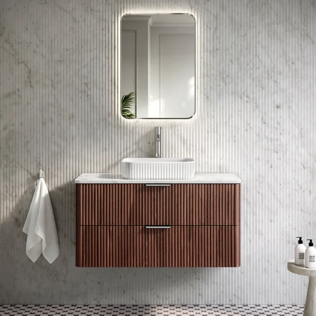 Cadiz Fluted Apex Walnut Wall Hung Drawer Vanity with Marble Top & Reno Basin 1000mm - Chrome Handles