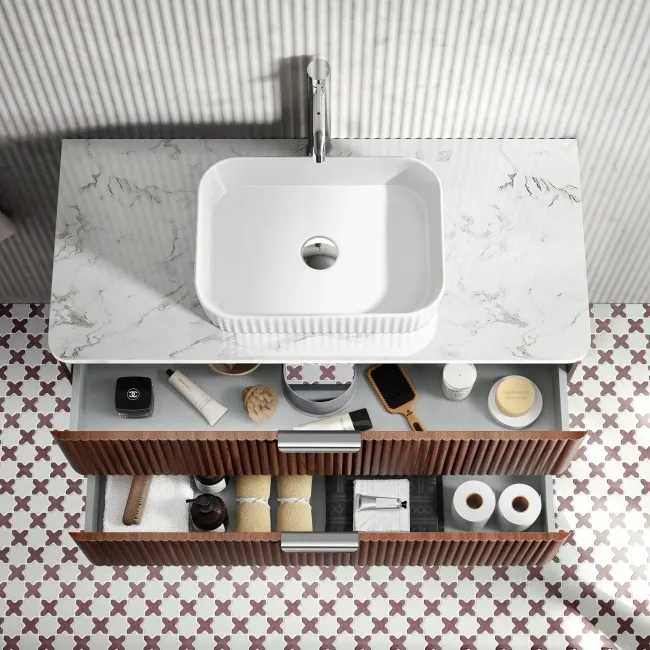 Cadiz Fluted Apex Walnut Wall Hung Drawer Vanity with Marble Top & Reno Basin 1000mm - Chrome Handles