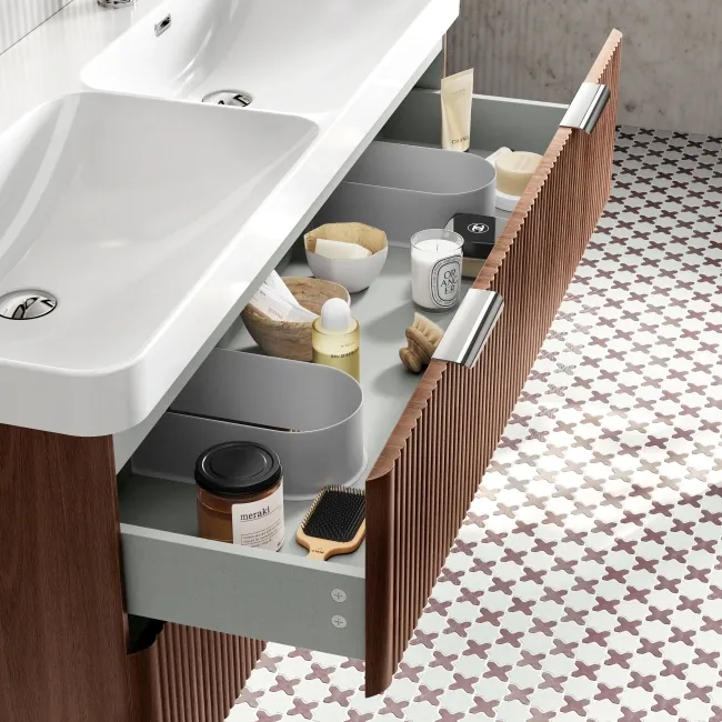 Cadiz Fluted Apex Walnut Wall Hung Double Basin Drawer Vanity 1200mm - Chrome Handles