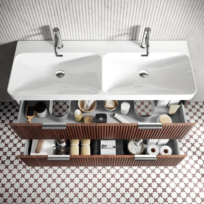 Cadiz Fluted Apex Walnut Wall Hung Double Basin Drawer Vanity 1200mm - Chrome Handles