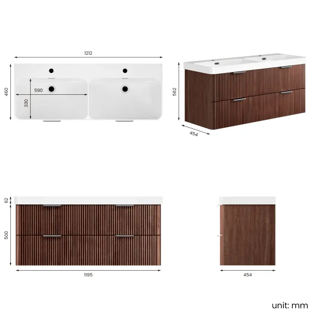 Cadiz Fluted Apex Walnut Wall Hung Double Basin Drawer Vanity 1200mm - Chrome Handles