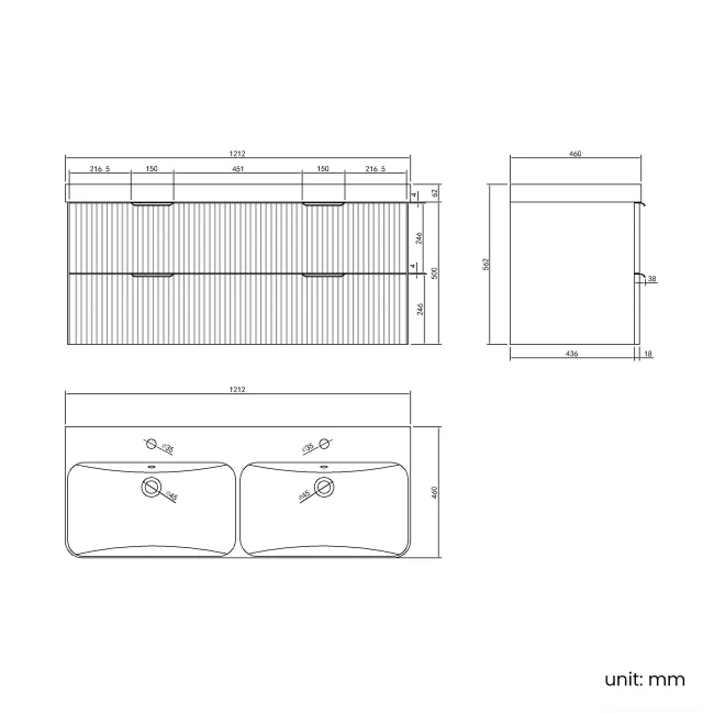 Cadiz Fluted Apex Walnut Wall Hung Double Basin Drawer Vanity 1200mm - Chrome Handles